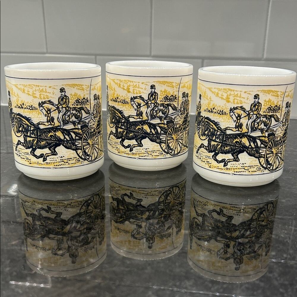 Set of 3 Hazel Atlas Vintage Elegant Black White Horse Carriage Milk Glass Mugs